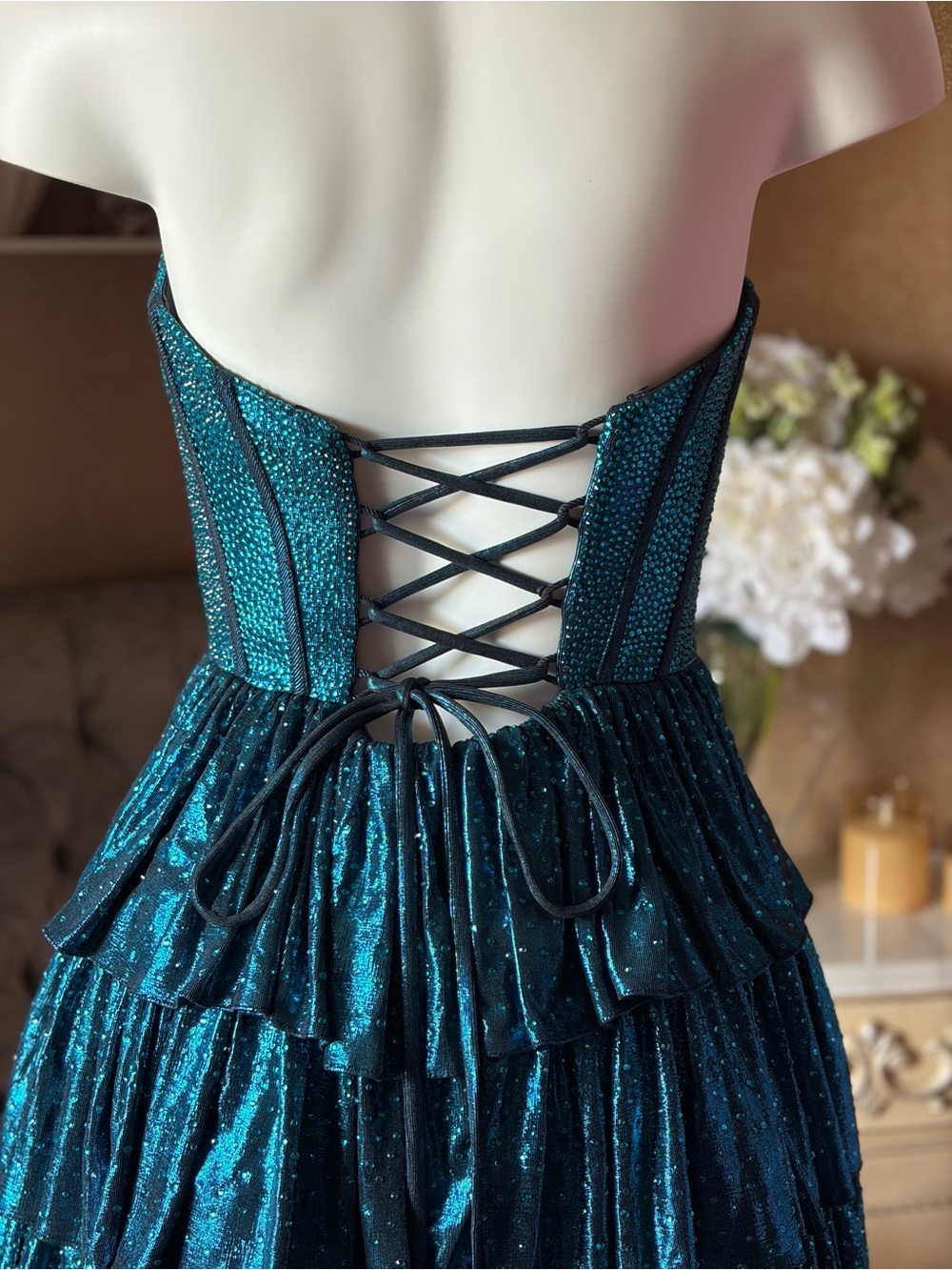 Sherri Hill Strapless Sparkly Teal Ruffle Corset Homecoming Dress - Picture 4 of 6